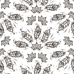 Obraz premium Hand Drawn doodle Peacock Feathers and the Lotus Flowers Seamless Pattern