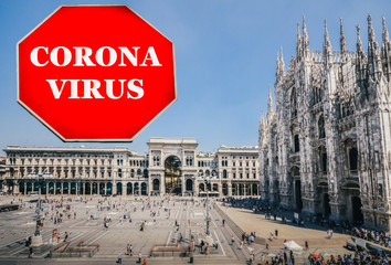 Coronavirus stop sign with Piazza del Duomo in Milan, Italy