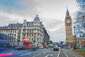view of Big Ben and traffic in London city, long exposure photo