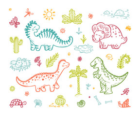 Extinct animals. Cute Cartoon Dinosaur Vector set. Hand drawn doodle Dinosaurs: Tiranossauro Rex, Triceratops, Stegosaurus, Diplodocus and Plants