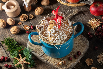 Christmas gingerbread cookies in a blue pot