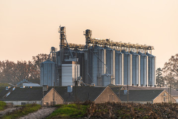 Obraz premium Agricultural installation of silver silos used for drying seeds and corn. The grain elevator used for storage illuminated by the warm setting sun.