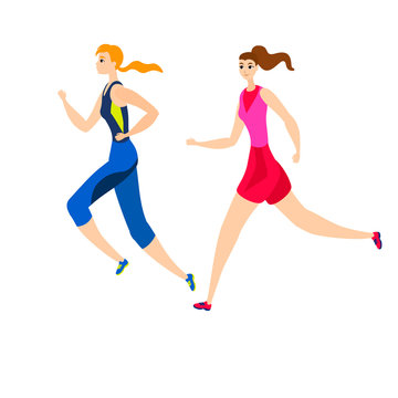 Vector illustration isolated on white cartoon flat running girls active sportive wemen run