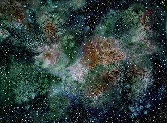 Fototapeta na wymiar Night sky watercolor background. Hand painting. Perfect for postcard, fabric print, decoration, etc.