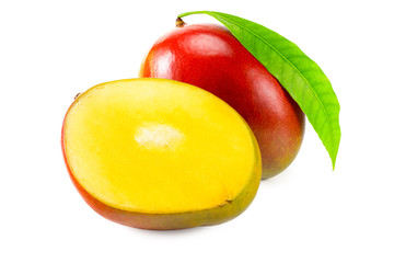 mango with slices and green leaves isolated on white background. healthy food