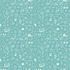 Back to school. Different objects Vector Seamless Pattern. Workplace concept. Mess on the table. Messy desk. Hand Drawn Doodle Icons Tic Tac toe, Stationery, Food and other. Desktop.