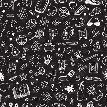 Back to school. Different objects Vector Seamless Pattern. Workplace concept. Mess on the table. Messy desk. Hand Drawn Doodle Icons Tic Tac toe, Stationery, Food and other. Desktop.