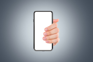 3D Rendering of Full Screen Phone Mock Up and Hand Holding on Dark