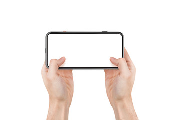 3D Rendering of Full Screen Phone Mock Up and Hand Holding on White