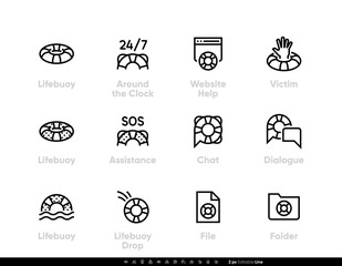 Fototapeta na wymiar Support Service icons. Lifebuoy, SOS, Chat. Editable stroke vector set on white