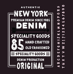 Original vintage Denim print for t-shirt or apparel. Old school vector graphic for fashion and printing.  Retro alphabet in western style , Slab Serif type letters.Handmade Vintage Font for labels