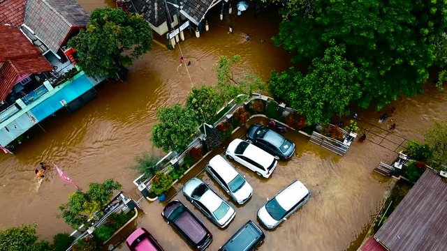 Aerial POV view Depiction of flooding. devastation wrought after massive natural disasters. 2.7K resolution video