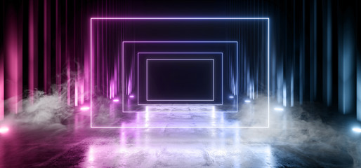 Fototapeta premium Smoke Neon Led Sci Fi Futuristic Classic Pantone Blue Purple Fluorescent Glowing Rectangle Concrete Metal Alien Spaceship Showroom Hallway Underground Cyber 3D Rendering