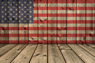 USA background. USA flag elements on wood in perspective interior room.