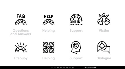 Lifebuoy Support, FAQ, Online Support icons. Editable line vector