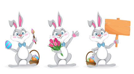 Happy Easter. Funny cartoon rabbit, set