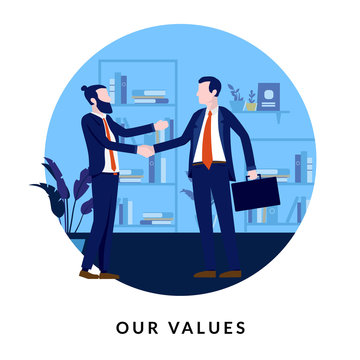 Business Values - Two Businessmen Shaking Hands In Office. Being Polite, Respectful And Professional. Tekst Below Says Our Values.