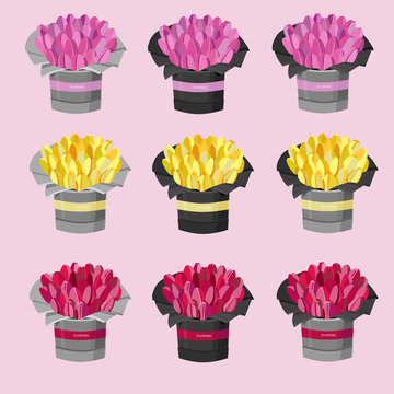 Vector set of images for the flower shop. Bouquets of flowers in  gray and black pots. Pink, red, yellow tulips. Spring set. 8th marh