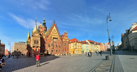Fototapeta premium Wroclaw, Poland, February 2020. City hall in Wroclaw Market squate