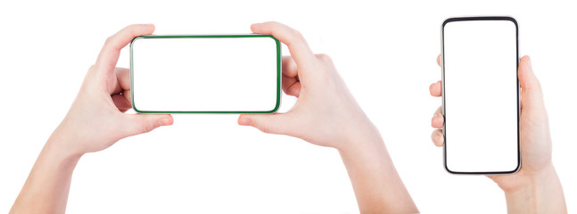 woman hand holding smartphone with white screen and background