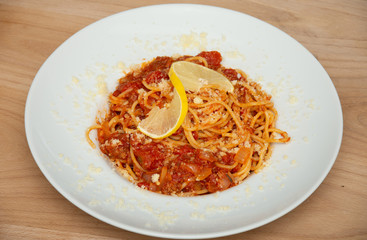 platter with Spaghetti Tono  ,Spaghetti Tonno - pasta, tuna, tomatoes, garlic,