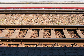 Rails, sleepers, railway close-up - horizontal photo. Railroads