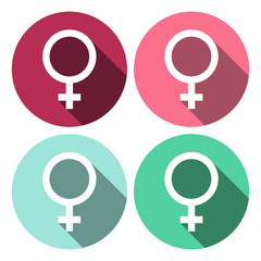 White Female gender symbol icon isolated with long shadow. Venus symbol. The symbol for a female organism or woman. Purple hexagon button. Vector Illustration
