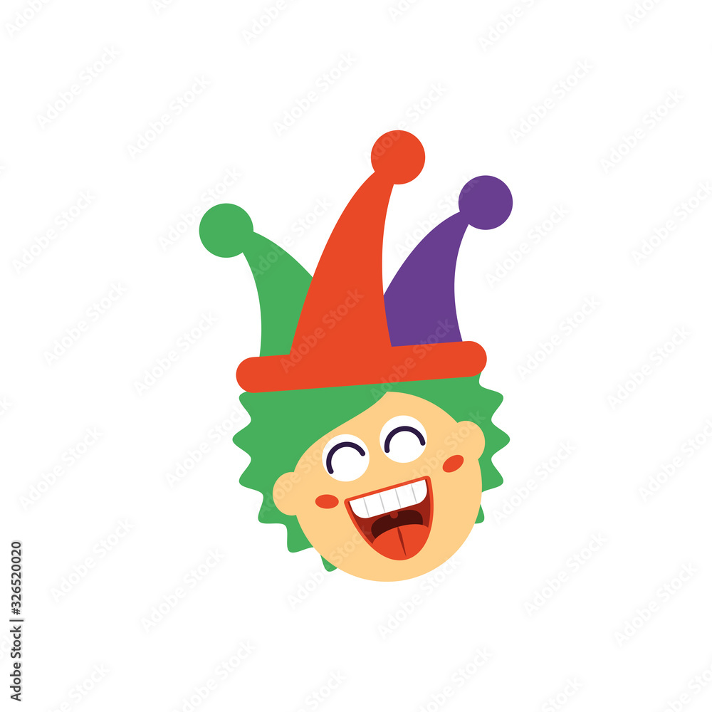 Sticker clown with jester hat, flat style icon