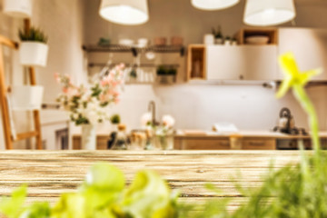 Desk of free space and kitchen interior 