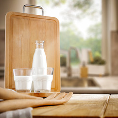 Desk of free space and kitchen interior 