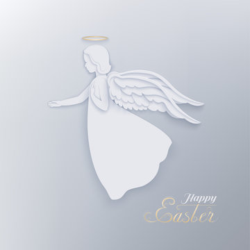 Happy Easter paper cut banner with white angel