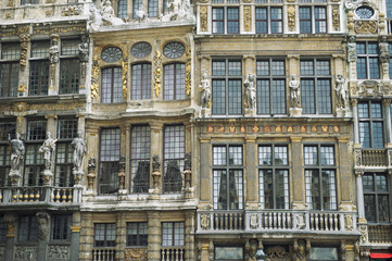 Architectural detail of historical European buildings, including Le Renard, Le Cornet, and La Louve in the Grand Place, Brussels, Belgium