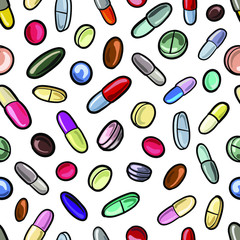 Vector pattern of tablets isolated on a white background. Tablets from. Design for medicine, business, pharmacology and pharmaceuticals