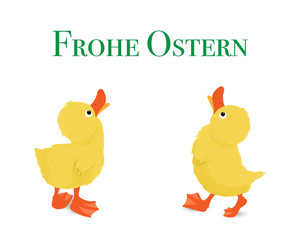 Ostergrüße mit Entenküken Pärchen die nach oben schauen, Vektor Illustration isoliert auf weißem Hintergrund