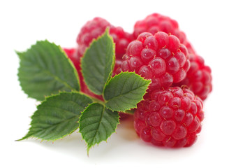 Raspberries and leaves.