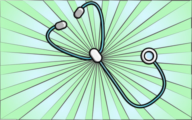 Medical stethoscope fanendoscope for listening to lungs and heart and health care on a background of abstract green rays. Vector illustration