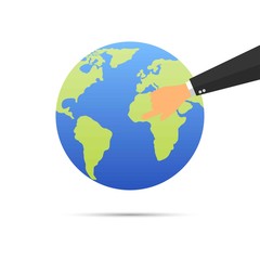 Vector planet Earth icon. Flat planet Earth icon.concept hand pointing earth globe.