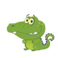 vector green cartoon cute crocodile caiman alligator, isolated on white background print for fabric and t-shirts, mascot, crocodile day, funny alphabet for children, schooling, african animal eps 10
