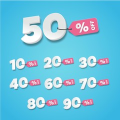 Sale and discount labels blue. Price off tag icon flat design collection set. 10, 20, 30, 40, 50, 60, 70, 80, 90 percent sale. Vector illustration.