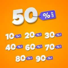 Sale and discount labels orange. Price off tag icon flat design collection set. 10, 20, 30, 40, 50, 60, 70, 80, 90 percent sale. Vector illustration.