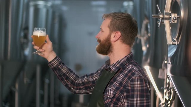 Successful businessman brewer with a beard checks the quality of freshly brewed beer from a beer tank while standing in a beer production room.