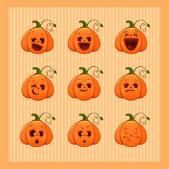 Set of vector illustrations of  cartoon cute pumpkins, eps 10, print for t-shirt
