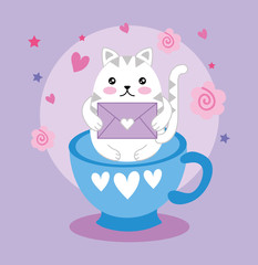 cute little cat with envelope in cup kawaii character
