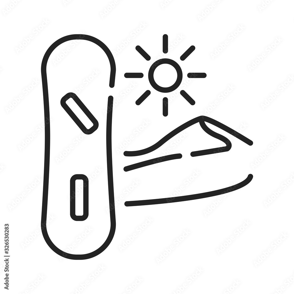 Poster sandboarding black line icon on white background. extreme. descent from the snowy slope on a snowboa