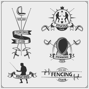 Set of fencing sport emblems with fencer in helmet. Swordsman Equipment. Vector monochrome design. 
