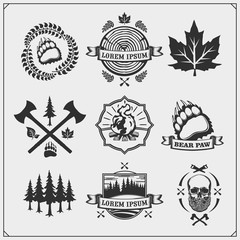 Set of Lumberjack labels, badges and design elements. Joinery and hand made emblems. Vintage style. Print design for t-shirt. 