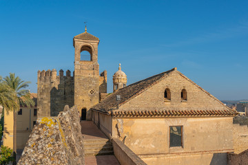 View of the palace tower, Alcazar de los Reyes Cristianos, Cordoba, Andalusia, Spain. Copy space for text.