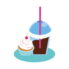 sweet cupcake with cherry dessert and chocolate smoothie