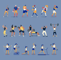 Fototapeta na wymiar People are boxing, training in the gym, fitness, aerobic and exercises, physical activity. Collection of men and women performing various sports activities. Healthy lifestyle.