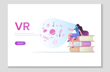 Personalized learning, stem education, academic system, futuristic technology, VR and AR in online learning. VR glasses technology website page. Vector illustration